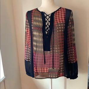 Anthropologie Greylin Navy Printed lace up blouse!